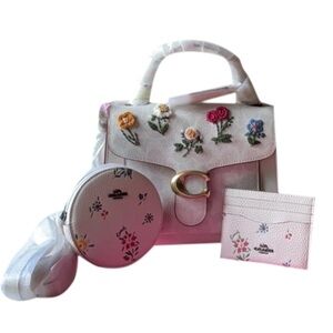Coach Tabby Top Handbag w Floral Embroidery, Card Holder, and Coin Case